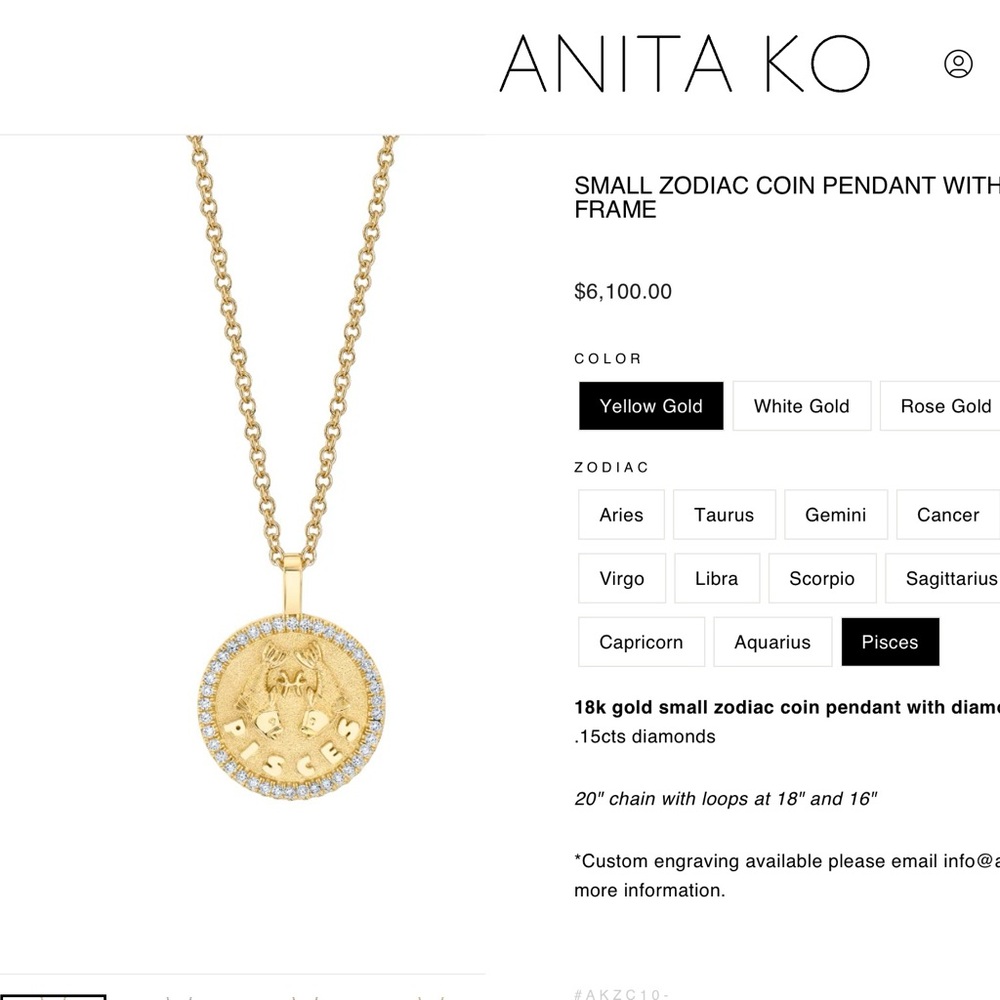 Anita Ko NWOT Gold Pisces Zodiac Pendant Necklace